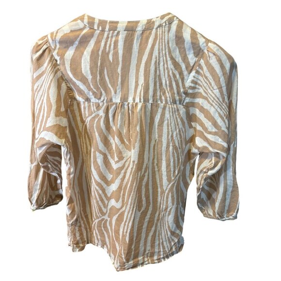 H&M Zebra Print Button Down Blouse Balloon Sleeve Size L Beige White - Picture 2 of 8